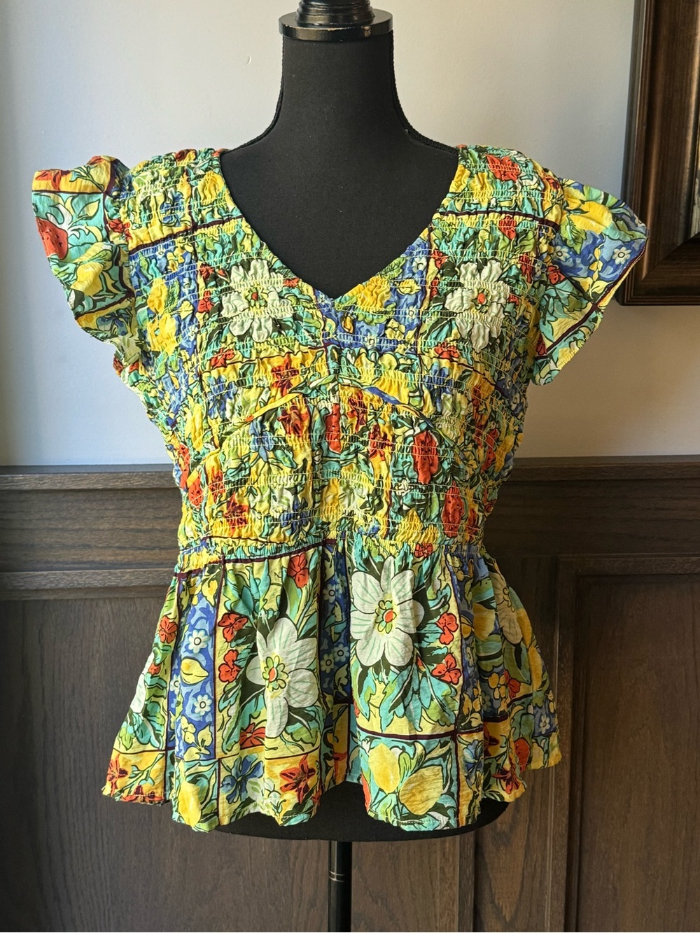 Smocked Floral Peplum Blouse in Yellow and Green large